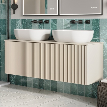 product lifestyle image of Crosswater Limit 1200mm Warm Stone Wall Hung Vanity Unit and Worktop with grey tiles and 2 large white countertop bowls LM6000DRSAN LM2010TWS